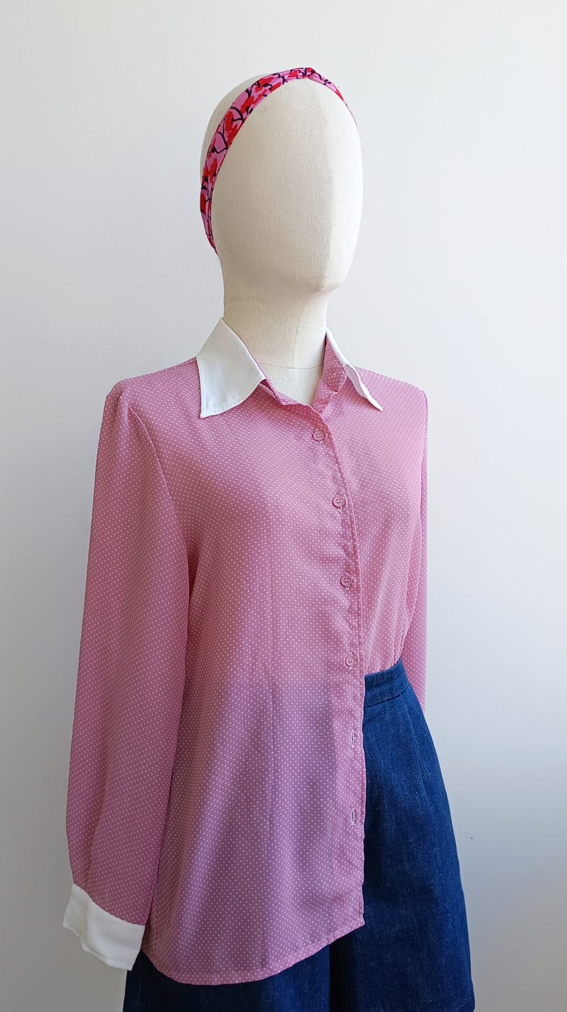 Camisa VINTAGE rosa lunarcitos cuello blanco TALLA 34 - Imagen 2