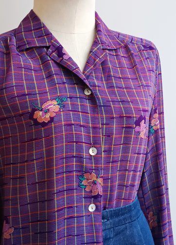 Camisa VINTAGE morada cuadros y flores TALLA 36-40