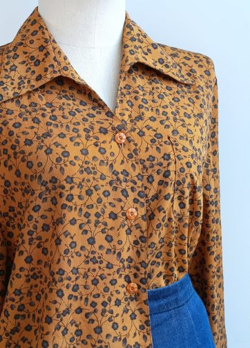 Camisa VINTAGE mostaza flores negras TALLA 40-44